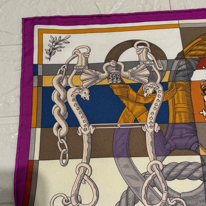 Hermes紫邊繩索圖絲巾42*42-2