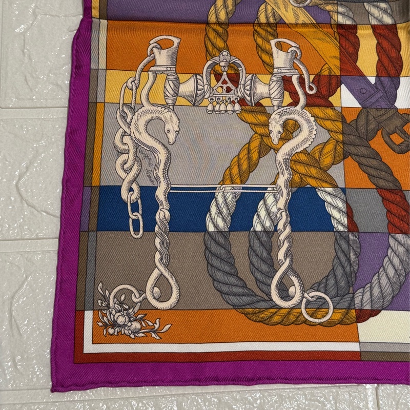 Hermes紫邊繩索圖絲巾42*42-3