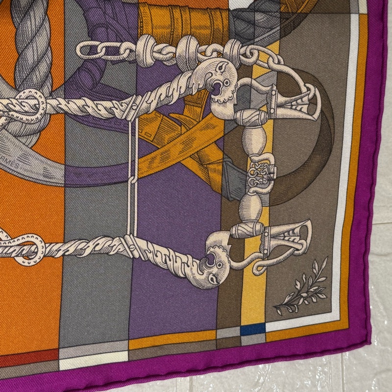 Hermes紫邊繩索圖絲巾42*42-4