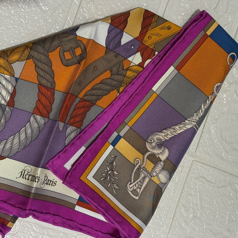 Hermes紫邊繩索圖絲巾42*42-8