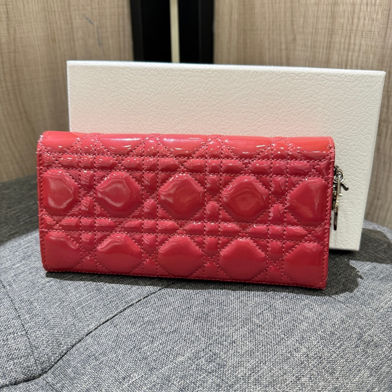 Christian Dior CD 玫瑰粉亮面漆皮銀鏈長夾 皮夾 手提包 晚宴包-1