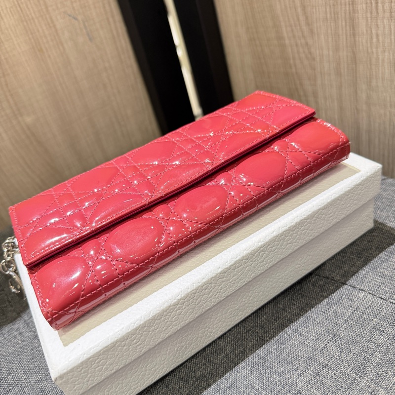 Christian Dior CD 玫瑰粉亮面漆皮銀鏈長夾 皮夾 手提包 晚宴包-4