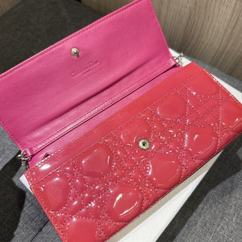 Christian Dior CD 玫瑰粉亮面漆皮銀鏈長夾 皮夾 手提包 晚宴包-5