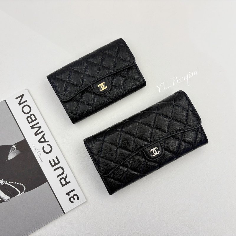 CHANEL 黑荔枝皮銀釦下蓋長夾AP0241-0