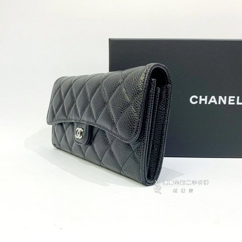 CHANEL 黑荔枝皮銀釦下蓋長夾AP0241-2