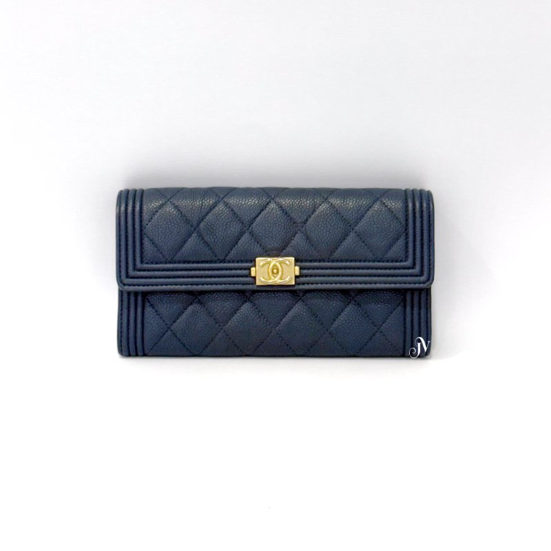 Chanel皮夾海軍藍荔枝皮金釦BOY下蓋長夾A80286-0