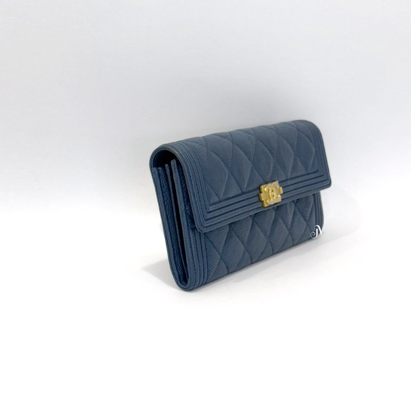 Chanel皮夾海軍藍荔枝皮金釦BOY下蓋長夾A80286-1