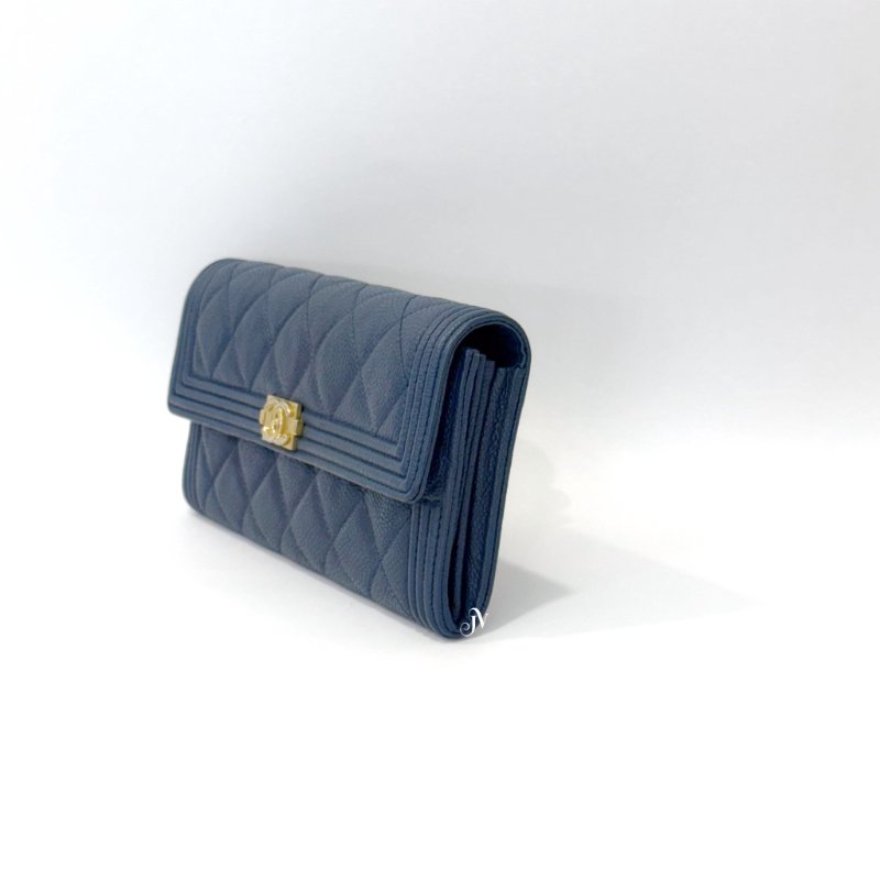 Chanel皮夾海軍藍荔枝皮金釦BOY下蓋長夾A80286-2