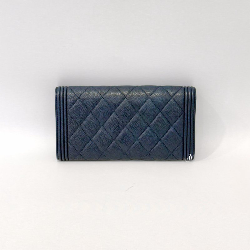 Chanel皮夾海軍藍荔枝皮金釦BOY下蓋長夾A80286-3