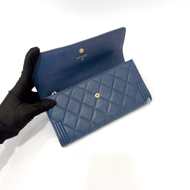 Chanel皮夾海軍藍荔枝皮金釦BOY下蓋長夾A80286-6