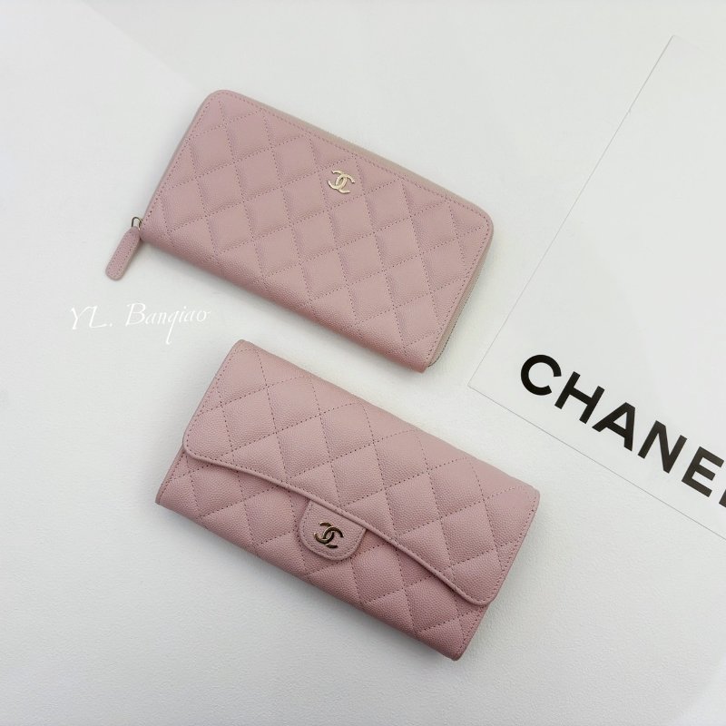 CHANEL 櫻花粉荔枝皮ㄇ拉長夾-0