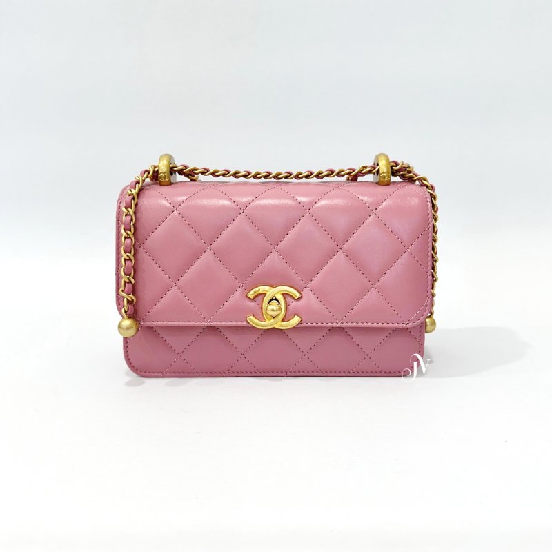 CHANEL 24C 粉色牛皮金釦雙金球下蓋包/AS2649-1