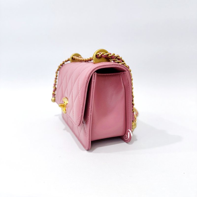 CHANEL 24C 粉色牛皮金釦雙金球下蓋包/AS2649-2