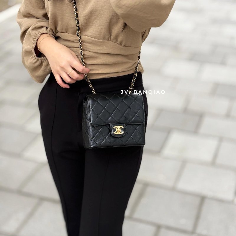 Chanel 黑山羊皮22K金釦口蓋包 AS3648-0
