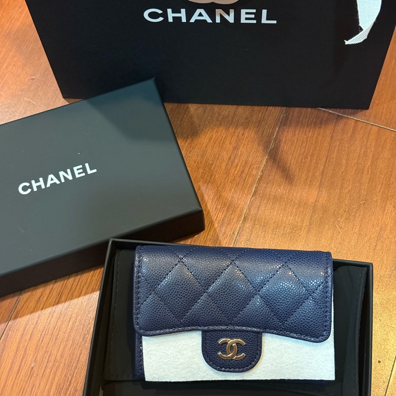Chanel 小卡包 荔枝皮深藍淡金色logo-0
