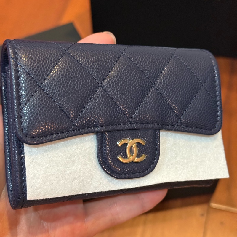Chanel 小卡包 荔枝皮深藍淡金色logo-11