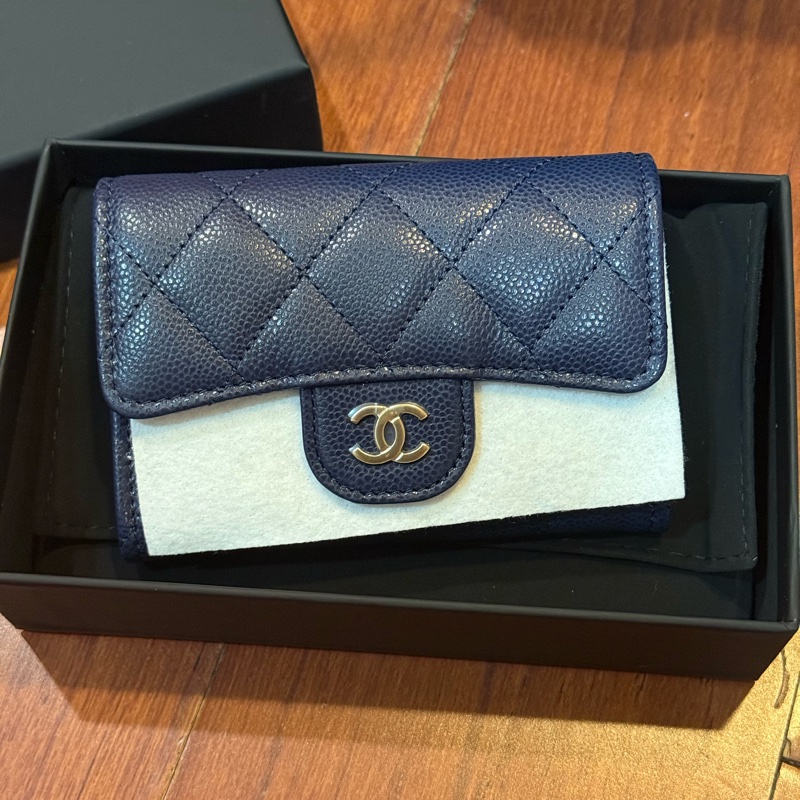 Chanel 小卡包 荔枝皮深藍淡金色logo-38