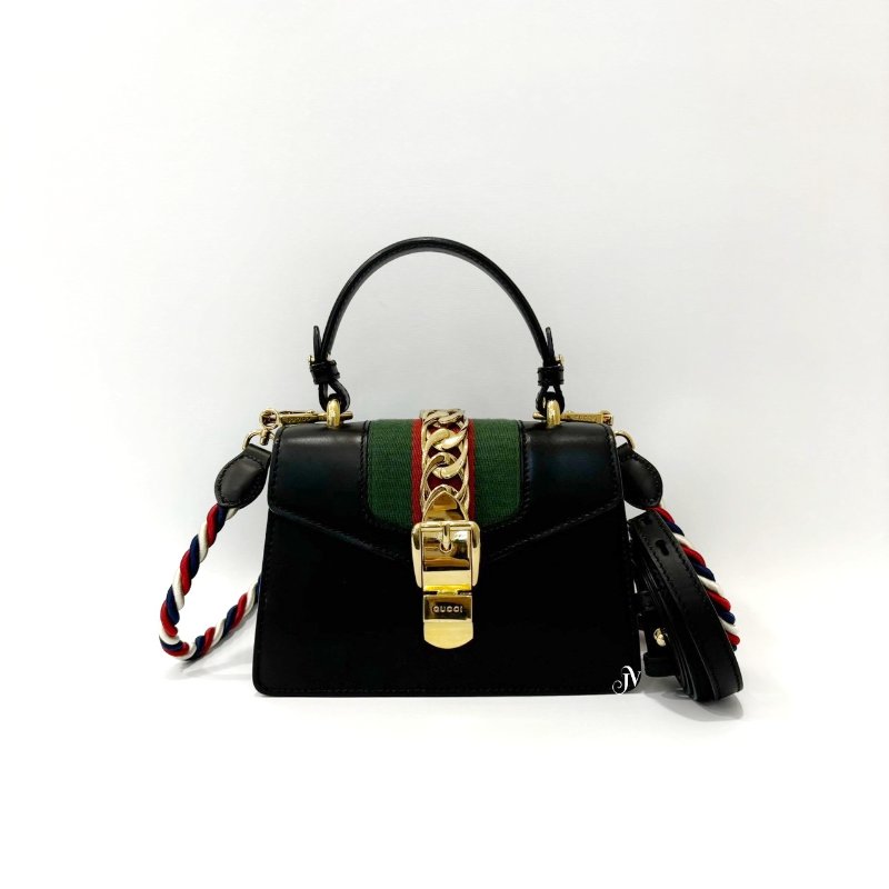 Gucci 黑牛皮綠紅綠Sylvie下蓋金釦手提斜背包Mini-0