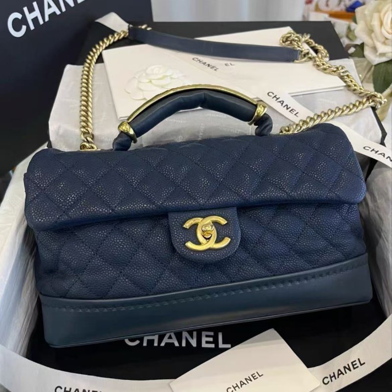 Chanel 海軍藍金色手柄荔枝紋手提斜背包 27*15*11 98新配件塵袋-0