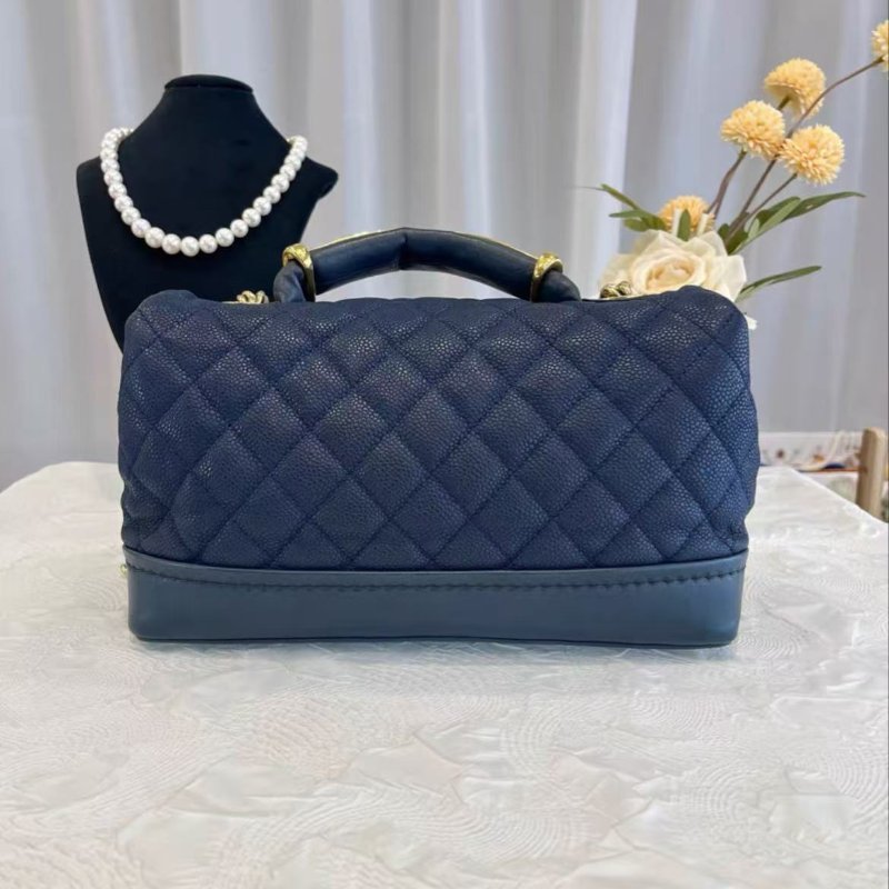 Chanel 海軍藍金色手柄荔枝紋手提斜背包 27*15*11 98新配件塵袋-6