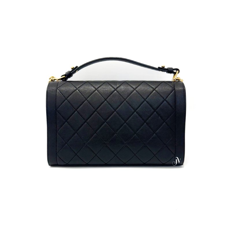 Chanel 黑色牛皮金牌下蓋手提側背包A93703-4