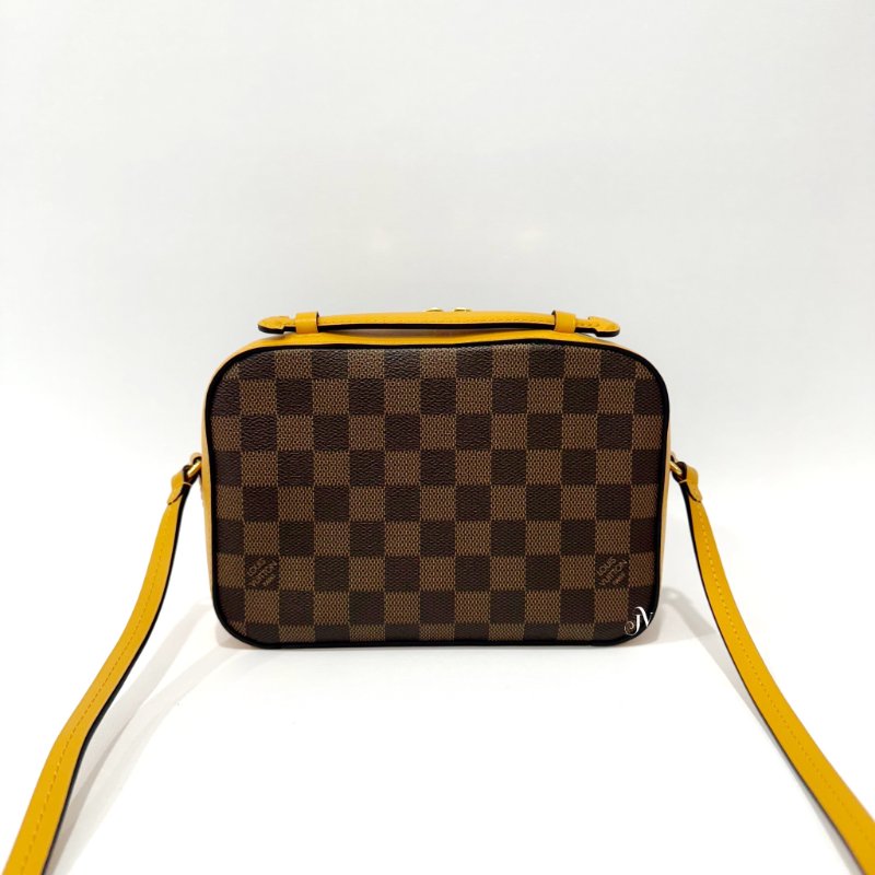 LV咖啡色棋盤格拚芥黃拉鍊相機包-5
