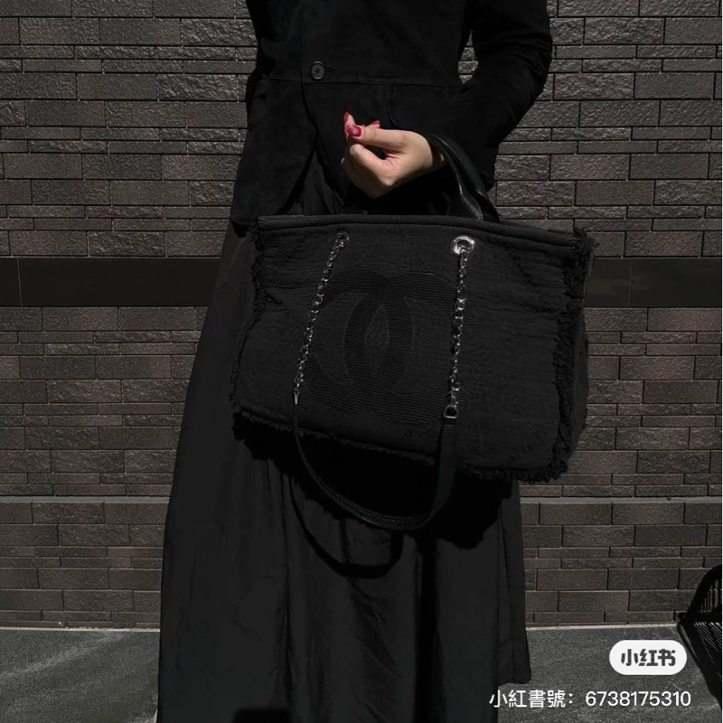 Chanel 中型 Deauville #流蘇帆布購物包沙灘包 ～可手提和肩背兩用（黑色）-5