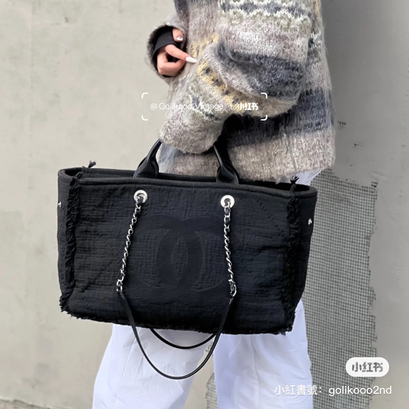 Chanel 中型 Deauville #流蘇帆布購物包沙灘包 ～可手提和肩背兩用（黑色）-36