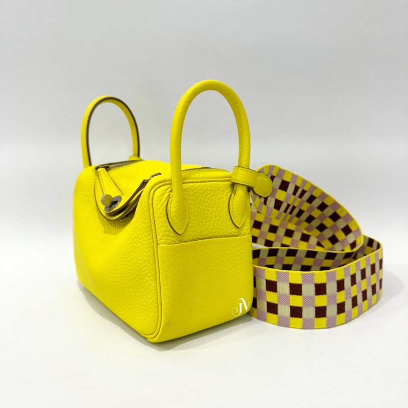 Hermes 檸檬黃T/C皮銀釦格紋背帶MiniLindy-3