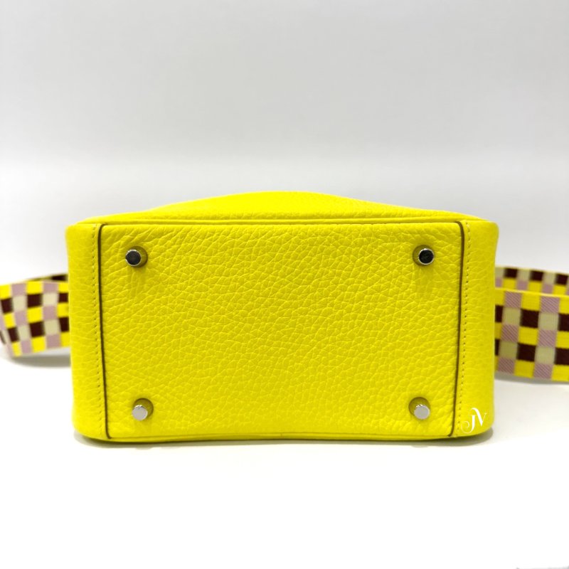Hermes 檸檬黃T/C皮銀釦格紋背帶MiniLindy-4