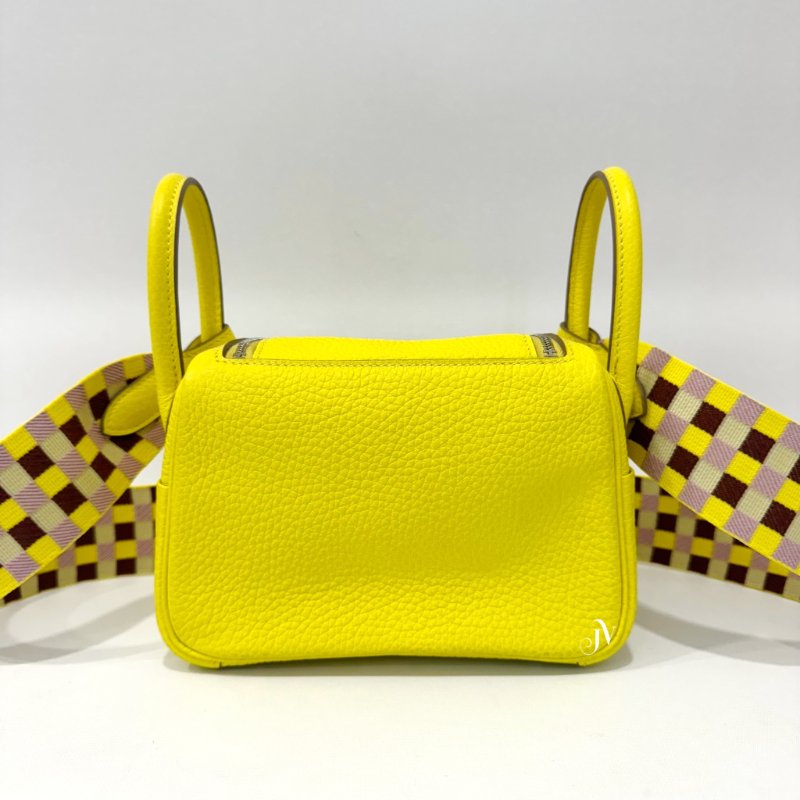 Hermes 檸檬黃T/C皮銀釦格紋背帶MiniLindy-5