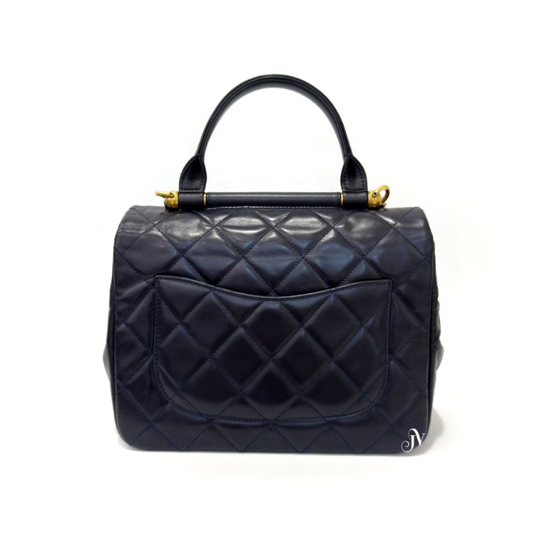 CHANEL 海軍藍牛皮古銅金釦口蓋手提肩背包-4