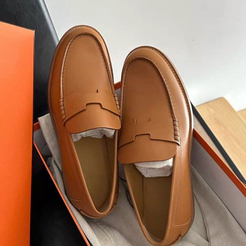 Hermès guillaume金棕色牛皮男款樂福鞋 全新配件塵袋盒子-1