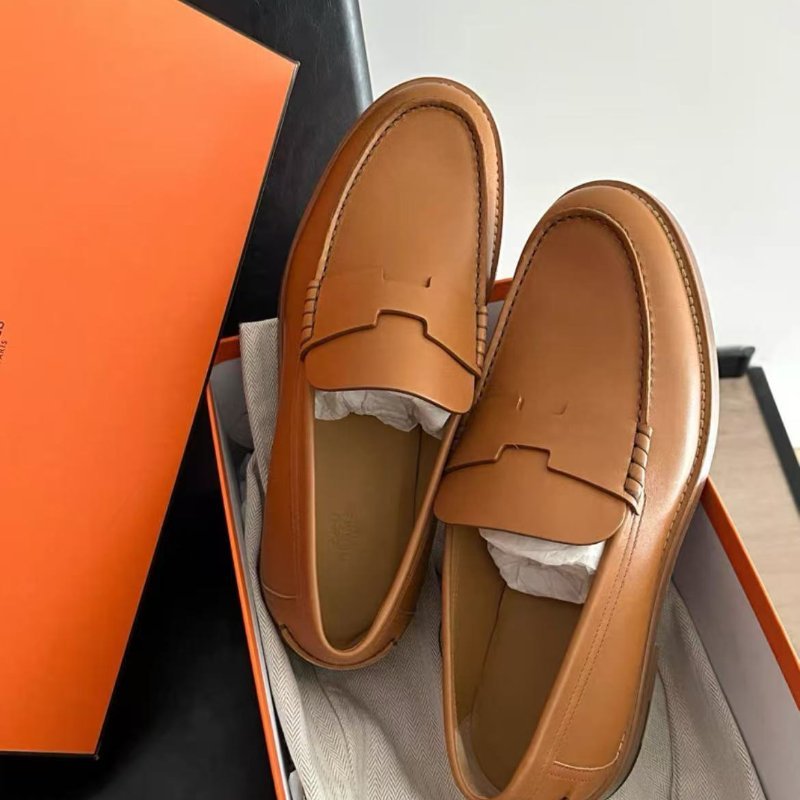 Hermès guillaume金棕色牛皮男款樂福鞋 全新配件塵袋盒子-4