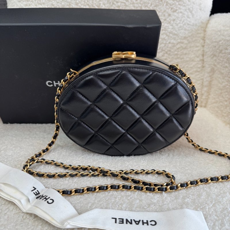 ✨Chanel 22s黑金橢圓餅鍊條包晚宴包 芯片款 98新配件塵袋盒子-2