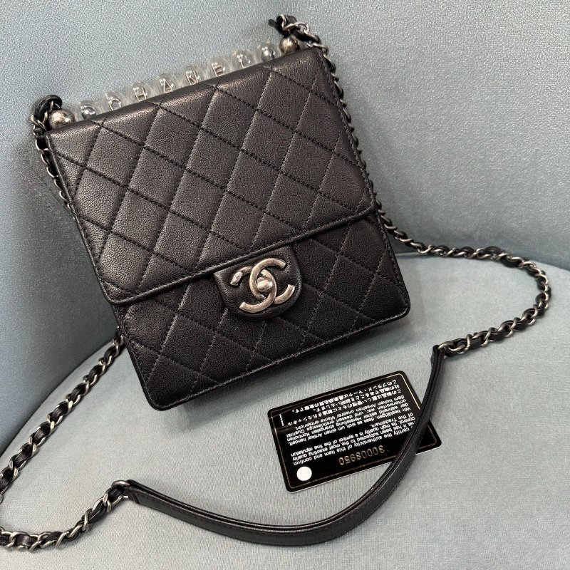 Chanel 黑銀透明壓克力珍珠logo限量CF方塊包 99新 配件保卡塵袋-0