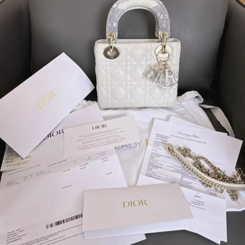 Dior黛妃 三格白色蜥蜴皮手柄logo 99新配件齊全-0