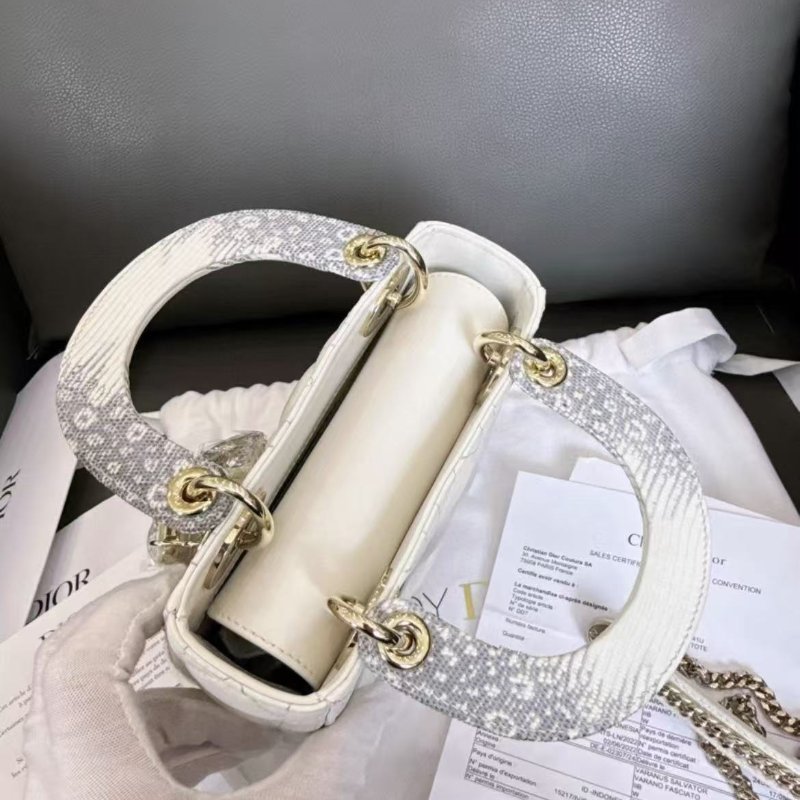Dior黛妃 三格白色蜥蜴皮手柄logo 99新配件齊全-3