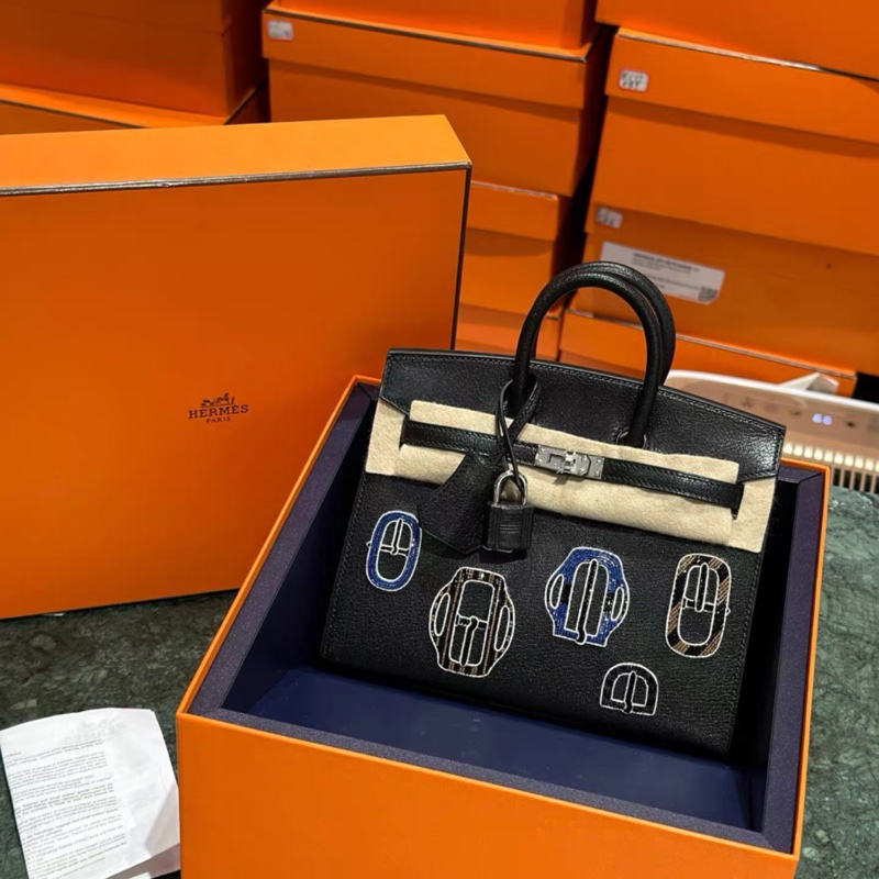 全套購證藍盒子💓 愛馬仕birkin 20 黑銀 徽章 山羊皮 全新全套 k刻-0