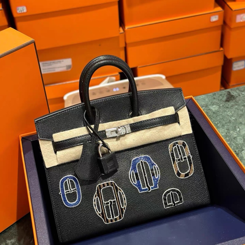 全套購證藍盒子💓 愛馬仕birkin 20 黑銀 徽章 山羊皮 全新全套 k刻-1