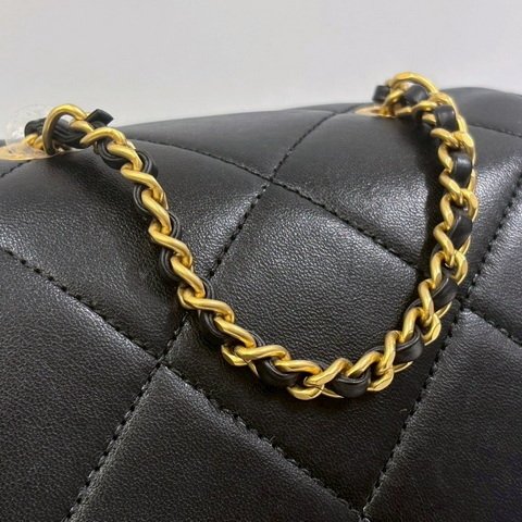 Chanel 黑牛皮拚羊皮霧金釦口蓋後背包AS4866-7