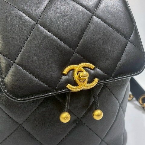 Chanel 黑牛皮拚羊皮霧金釦口蓋後背包AS4866-8
