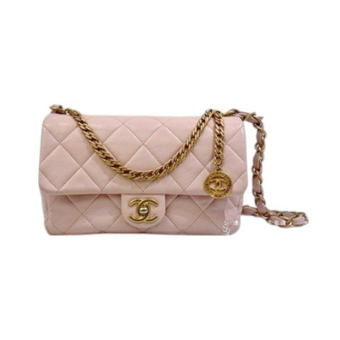 CHANEL 櫻花粉金幣鍊條口蓋肩背包AS4000-1