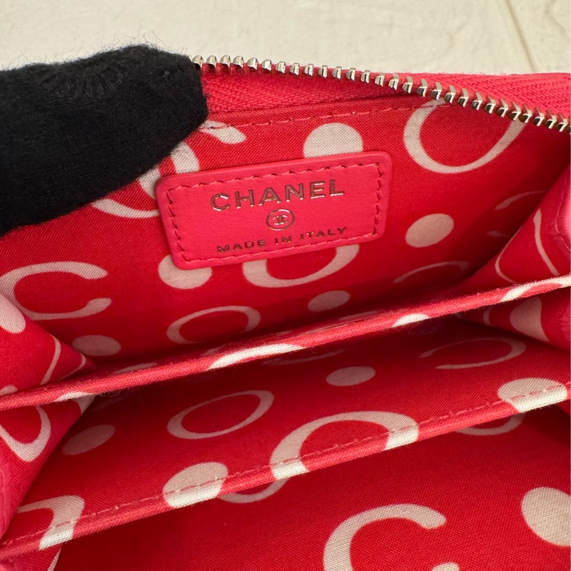 chanel粉色荔枝鏤空logo拉鍊零錢包👛-9