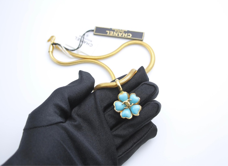 Chanel Vintage 97P琉璃藍色山茶花吊墜項鏈-6