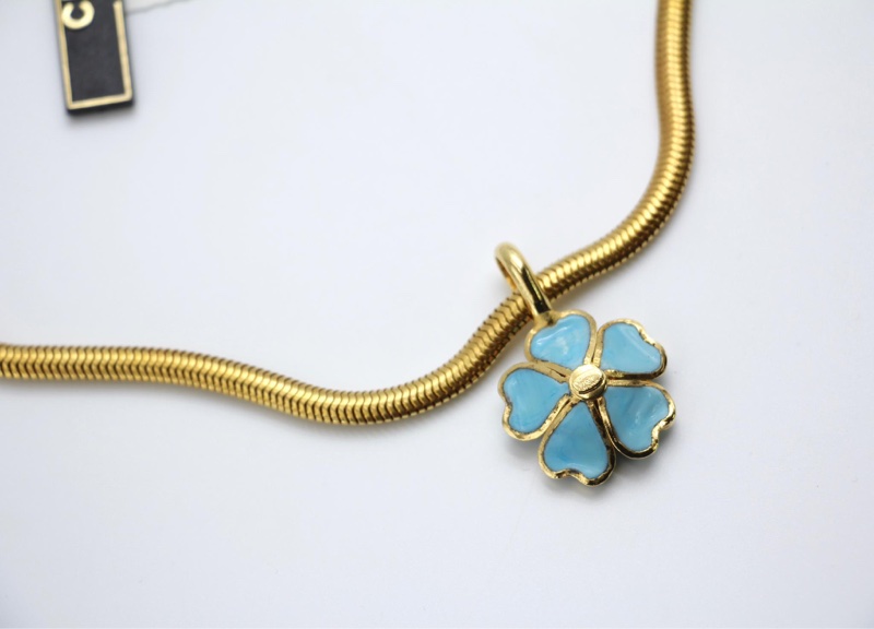 Chanel Vintage 97P琉璃藍色山茶花吊墜項鏈-9