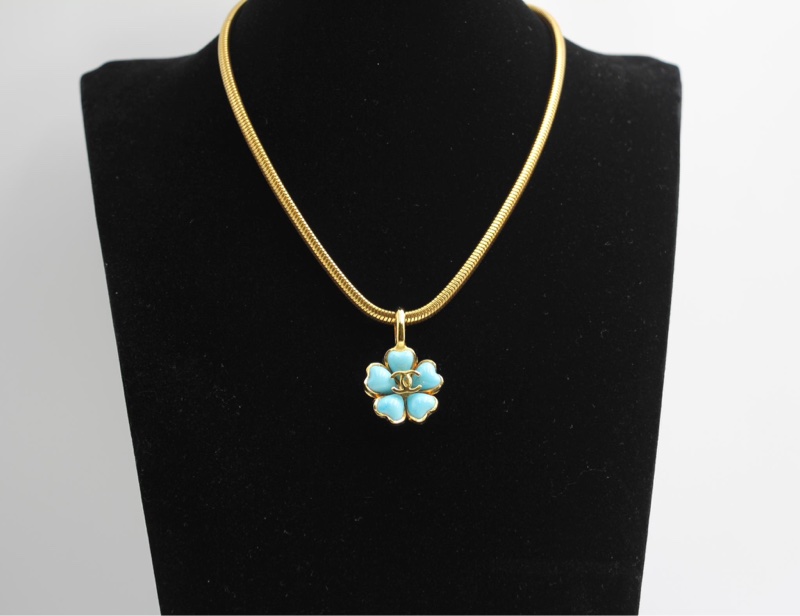 Chanel Vintage 97P琉璃藍色山茶花吊墜項鏈-10
