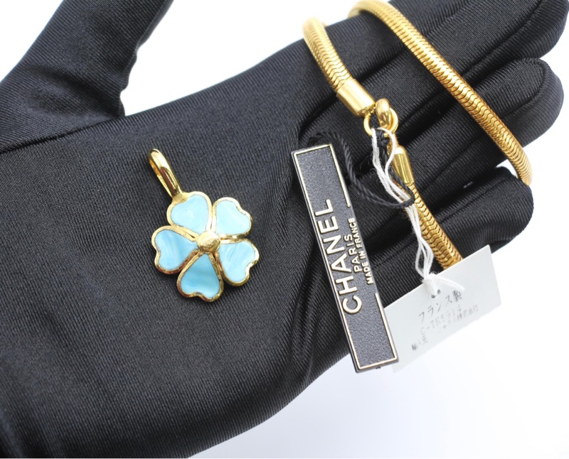 Chanel Vintage 97P琉璃藍色山茶花吊墜項鏈-12