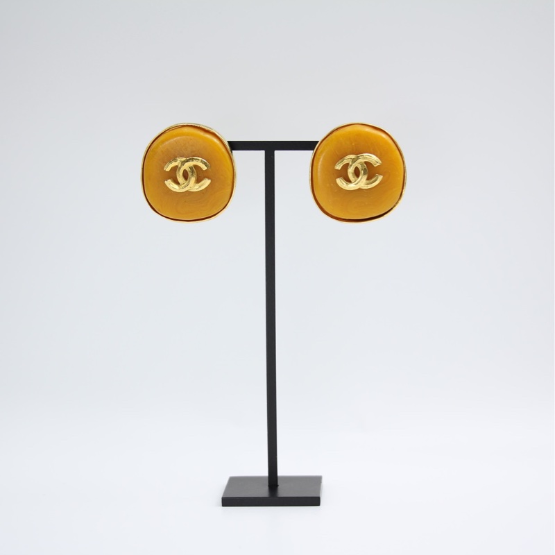 Chanel Vintage 98P仿蜜蠟焦糖色CC logo耳夾-0