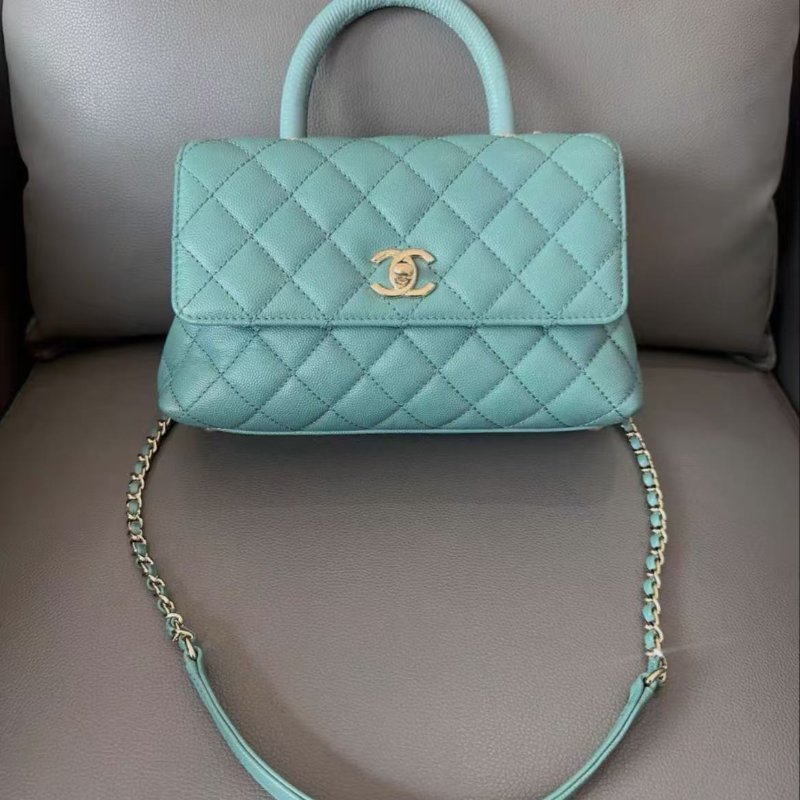 Chanel coco handle小號綠色金扣 荔枝牛皮芯片款 98新 配件塵袋-0